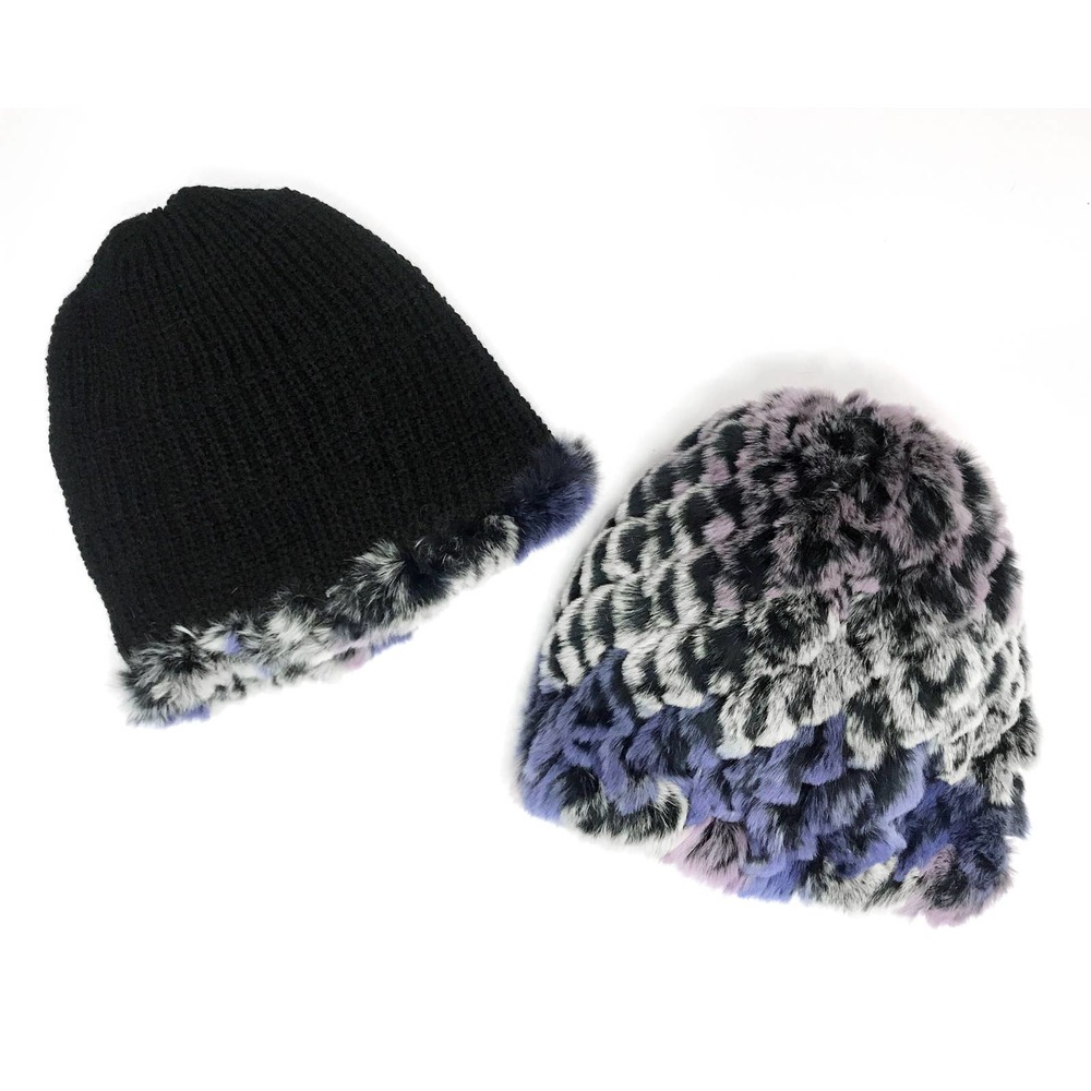 NWT Reversible Knit Beanie Genuine Fur Hat in Violet Multi Overstock MSRP $68